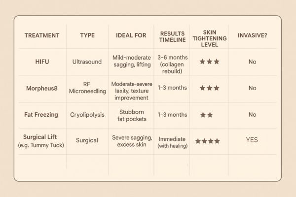 Table showing the comparisons of Skin tightening Maidenhead treatment options.